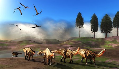 simsearch:400-08332007,k - A flock of Rhamphorhynchus pterosaurs fly over a herd of Dicraeosaurus dinosaurs leaving a watering hole. Foto de stock - Super Valor sin royalties y Suscripción, Código: 400-08347317