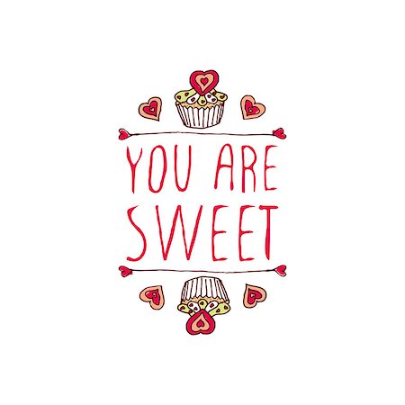 simsearch:400-08346347,k - Saint Valentine's day greeting card.  You are sweet. Typographic banner with doodle heart shaped cookies and cupcakes on white background. Vector handdrawn badge. Foto de stock - Super Valor sin royalties y Suscripción, Código: 400-08347417