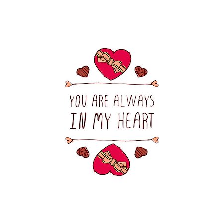 simsearch:400-08346347,k - Saint Valentine's day greeting card.  You are always in my heart. Typographic banner with text and doodle heart shaped chocolate candies. Vector handdrawn badge. Foto de stock - Super Valor sin royalties y Suscripción, Código: 400-08347420