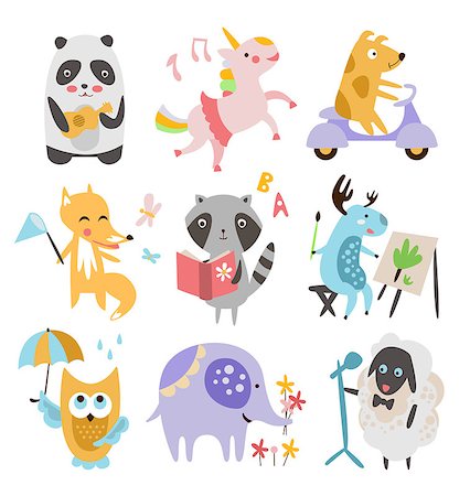 Cute Childish Animals Vector Illustration Set . Animals are busy with different things Foto de stock - Super Valor sin royalties y Suscripción, Código: 400-08347538