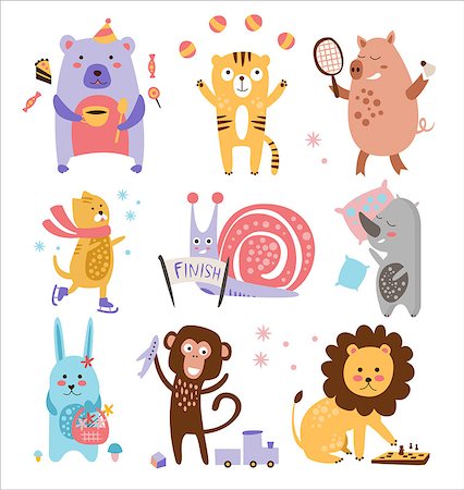 simsearch:622-06487860,k - Colourful Childish Animals Vector Illustration Set. Animals are busy with different things Photographie de stock - Aubaine LD & Abonnement, Code: 400-08347540