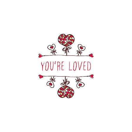 simsearch:400-08346347,k - Saint Valentine's day greeting card.  You're loved. Typographic banner with text and  doodle heart shaped lollipops. Vector handdrawn badge. Foto de stock - Super Valor sin royalties y Suscripción, Código: 400-08347724