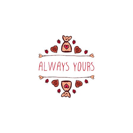 simsearch:400-08346347,k - Saint Valentine's day greeting card.  Always yours. Typographic banner with doodle heart shaped chocolate candies. Vector handdrawn badge. Foto de stock - Super Valor sin royalties y Suscripción, Código: 400-08347722