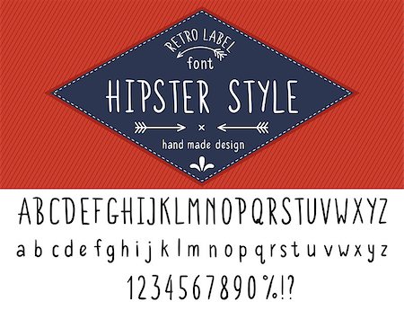 simsearch:400-08613470,k - Hipster style font hand made slim line design. Latin black typeface uppercase and nubers isolated on white with blue retro label on red stripped background Stockbilder - Microstock & Abonnement, Bildnummer: 400-08347807