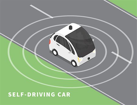 sensor - Self-driving car flat isometric illustration of intelligent controlled driverless car on the road upper view Photographie de stock - Aubaine LD & Abonnement, Code: 400-08347811