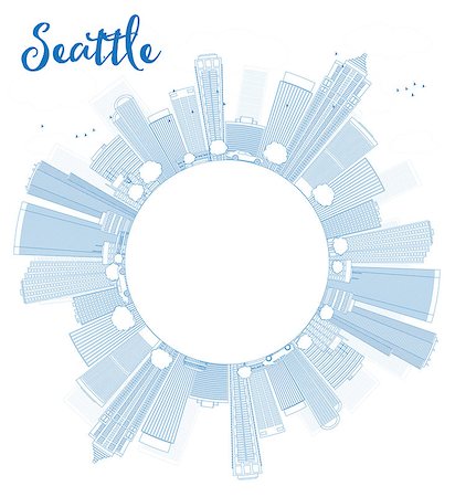 simsearch:400-07104696,k - Outline Seattle City Skyline with Blue Buildings and copy space. Vector Illustration Foto de stock - Super Valor sin royalties y Suscripción, Código: 400-08348289