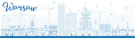 simsearch:400-08348304,k - Outline Warsaw skyline with blue buildings. Vector illustration. Business travel and tourism concept with modern buildings. Image for presentation, banner, placard and web site. Stock Photo - Budget Royalty-Free & Subscription, Code: 400-08348304