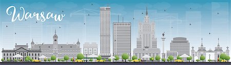 Warsaw skyline with grey buildings and blue sky. Vector illustration. Business travel and tourism concept with modern buildings. Image for presentation, banner, placard and web site. Stock Photo - Budget Royalty-Free & Subscription, Code: 400-08348303