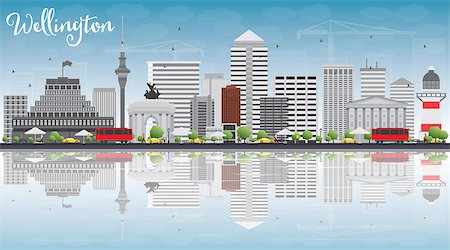 simsearch:400-08336131,k - Wellington skyline with grey buildings, blue sky and reflections. Vector illustration. Business travel and tourism concept with place for text. Image for presentation, banner, placard and web site. Stock Photo - Budget Royalty-Free & Subscription, Code: 400-08348310