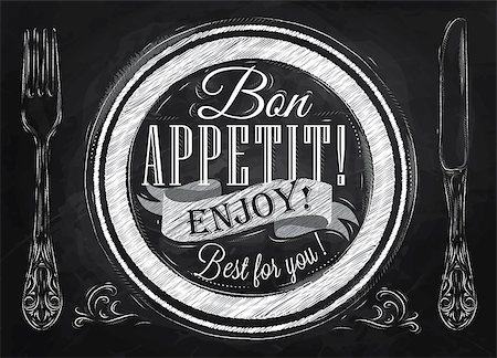 Bon appetit, enjoy, Best for you lettering on a plate with a fork and a spoon on the side in retro style drawing with chalk on blackboard. Stock Photo - Budget Royalty-Free & Subscription, Code: 400-08348331