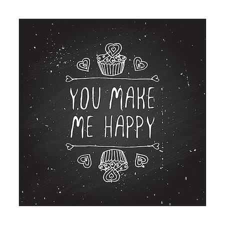 simsearch:400-08346347,k - Saint Valentines day greeting card.  You make me happy. Typographic banner with doodle heart shaped cookies and cupcakes on chalkboard background. Vector handdrawn badge. Foto de stock - Super Valor sin royalties y Suscripción, Código: 400-08348431