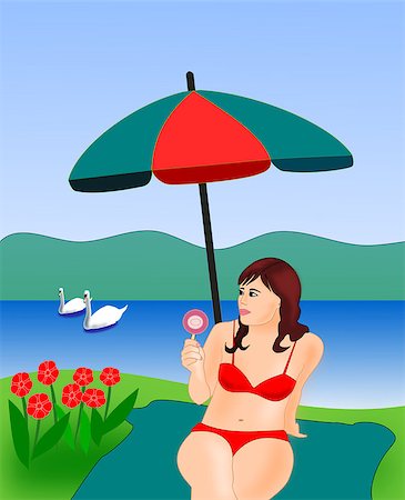 A girl sitting by the sea, with a lollipop, and a lot of flowers beside her. Foto de stock - Super Valor sin royalties y Suscripción, Código: 400-08348479