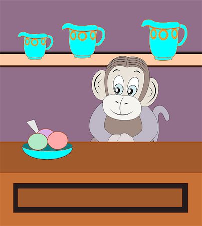simsearch:400-08114943,k - A monkey behind a counter and a shelf with turquoise pitchers. Stock Photo - Budget Royalty-Free & Subscription, Code: 400-08348481