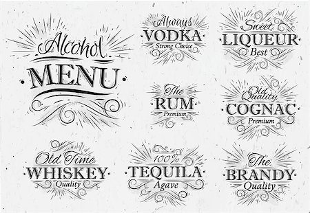 Set alcohol menu beverages lettering names in retro style vodka, liqueur, rum, cognac, brandy, tequila, whiskey in vintage style Stock Photo - Budget Royalty-Free & Subscription, Code: 400-08348624