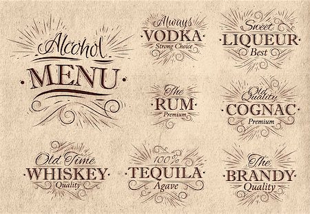 Set alcohol menu beverages lettering names in retro style vodka, liqueur, rum, cognac, brandy, tequila, whiskey in retro style Foto de stock - Super Valor sin royalties y Suscripción, Código: 400-08348625