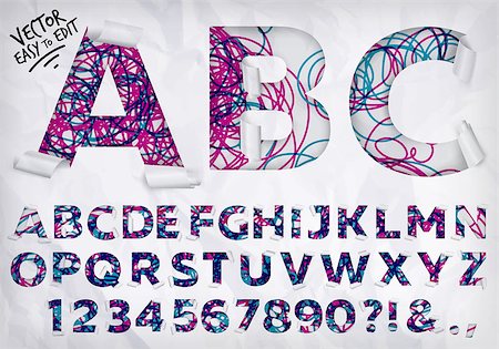 simsearch:400-07549385,k - Alphabet wrapped edge of the letters cut out from crumpled paper on color lines background Foto de stock - Super Valor sin royalties y Suscripción, Código: 400-08348622