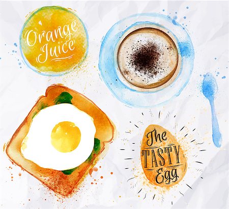 Breakfast painted watercolor toast with scrambled egg orange juice a cup of coffee Stock Photo - Budget Royalty-Free & Subscription, Code: 400-08348745