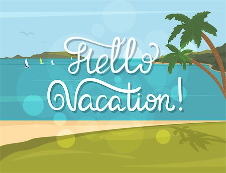 simsearch:400-08696041,k - Hello vacation vintage banner with handwritten lettering and summer tropical beach, palms and blue sea Fotografie stock - Microstock e Abbonamento, Codice: 400-08348817