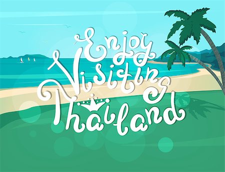simsearch:400-08696041,k - Enjoy visiting Thailand banner with handwritten lettering and summer tropical beach, palms and blue sea in vintage style Fotografie stock - Microstock e Abbonamento, Codice: 400-08348829