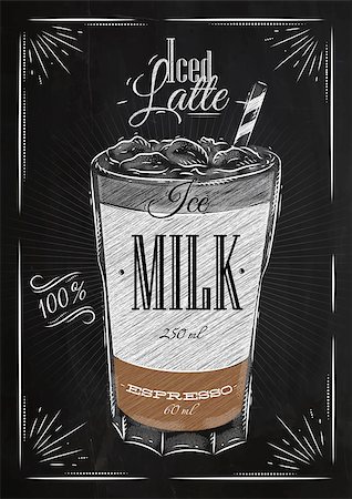 Poster coffee iced latte in vintage style drawing with chalk on the blackboard Foto de stock - Super Valor sin royalties y Suscripción, Código: 400-08348876