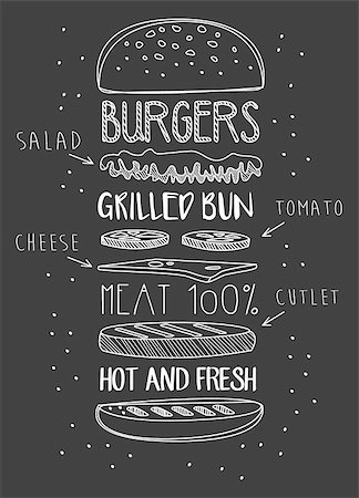 Chalk Drawn Components of Classic Cheeseburger. Vector Illustration Foto de stock - Super Valor sin royalties y Suscripción, Código: 400-08349190
