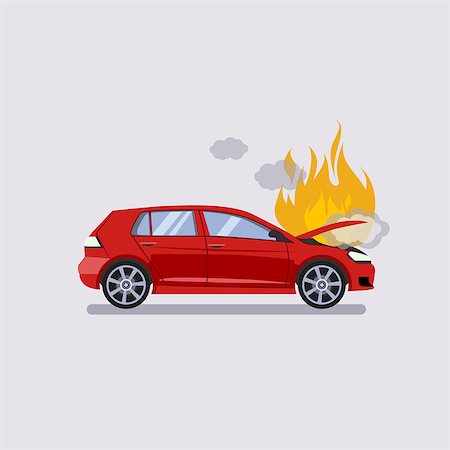 simsearch:400-06061542,k - The broken hood of the red car is covered with fire and smoke. Flat style vector illustration isolated on gray background. Stock Photo - Budget Royalty-Free & Subscription, Code: 400-08349275