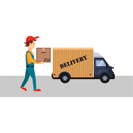 Delivery Man with a Box and Truck, Flat Vector Illustration Stock Photo - Budget Royalty-Free & Subscription, Code: 400-08349299