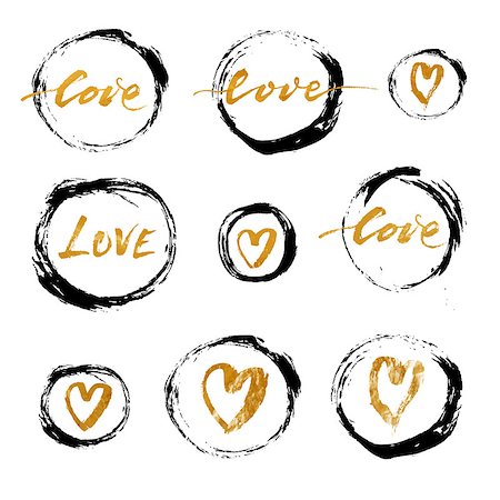 Set of vector grunge ink circles with golden hearts and lettering, vector illustration. Stock Photo - Budget Royalty-Free & Subscription, Code: 400-08349467
