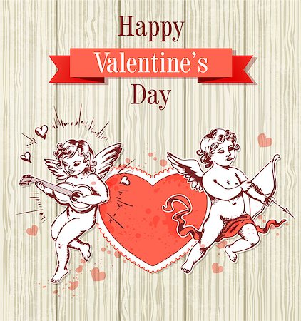 simsearch:400-08347146,k - Vintage hand drawn Valentine card with two cupids and red heart Stock Photo - Budget Royalty-Free & Subscription, Code: 400-08349679