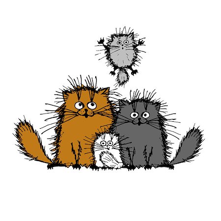 Fluffy cats family, sketch for your design. Vector illustration Stock Photo - Budget Royalty-Free & Subscription, Code: 400-08349767