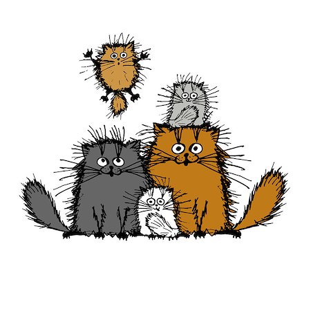 Fluffy cats family, sketch for your design. Vector illustration Stock Photo - Budget Royalty-Free & Subscription, Code: 400-08349768