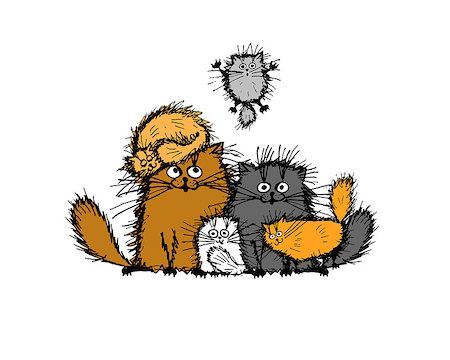 Fluffy cats family, sketch for your design. Vector illustration Stock Photo - Budget Royalty-Free & Subscription, Code: 400-08349770