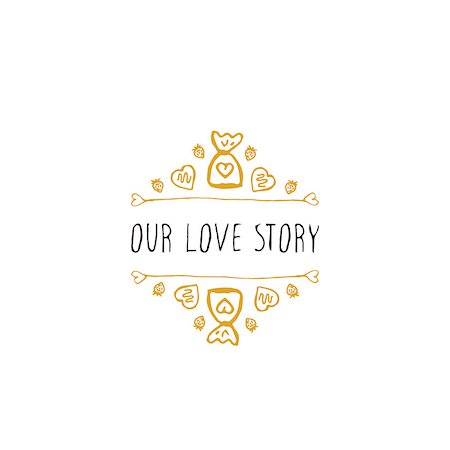 simsearch:400-08346347,k - Saint Valentine's day greeting card.  Our love story. Typographic banner with doodle heart shaped chocolate candies. Vector handdrawn badge. Foto de stock - Super Valor sin royalties y Suscripción, Código: 400-08349837