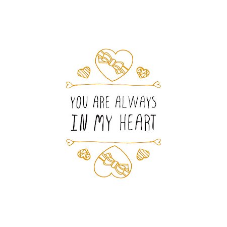 simsearch:400-08346347,k - Saint Valentines day greeting card.  You are always in my heart. Typographic banner with text and doodle heart shaped chocolate candies. Vector handdrawn badge. Foto de stock - Super Valor sin royalties y Suscripción, Código: 400-08349855