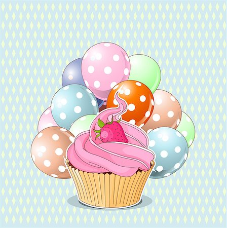 simsearch:400-04198170,k - Illustration of sweet cupcake, strawberry and balloons Fotografie stock - Microstock e Abbonamento, Codice: 400-08340089