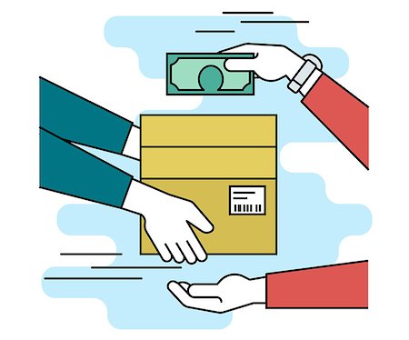 Payment by cash for express delivery. Flat line contour illustration of human hand holds a carton box with barcode and other man giving money to courier for the shipping service Stock Photo - Budget Royalty-Free & Subscription, Code: 400-08340128