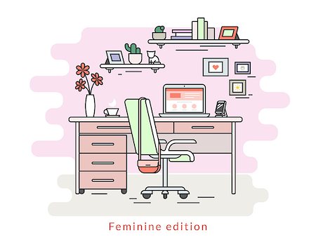 Flat line contour illustration of feminine workplace organization. Empty room interior with rose wall, bookshelfs, work desk with laptop, chair, fashion bag and flowers on the table. Isolated background Stock Photo - Budget Royalty-Free & Subscription, Code: 400-08340122