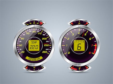 simsearch:400-08340626,k - Shiny metallic speedometer and rev counter with  other instruments Stock Photo - Budget Royalty-Free & Subscription, Code: 400-08340626
