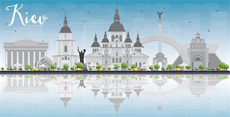 simsearch:400-08336131,k - Kiev skyline with grey landmarks, blue sky and reflections. Vector illustration. Business travel and tourism concept with place for text. Image for presentation, banner, placard and web site. Stock Photo - Budget Royalty-Free & Subscription, Code: 400-08340698