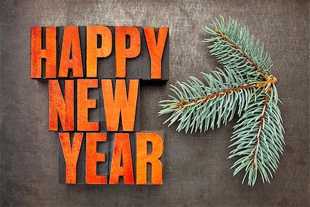simsearch:400-08332628,k - Happy New Year! - word abstract in vintage letterpress wood type blocks stained by red ink on a grunge metal background with a branch of Colorado silver spruce Foto de stock - Super Valor sin royalties y Suscripción, Código: 400-08341230