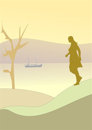 A woman walking by the sea and a bare tree and a sailboat far away. Stock Photo - Budget Royalty-Free & Subscription, Code: 400-08341358