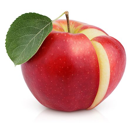 simsearch:400-08796295,k - Ripe red apple with green leaf and cut isolated on white background with clipping path Fotografie stock - Microstock e Abbonamento, Codice: 400-08341534