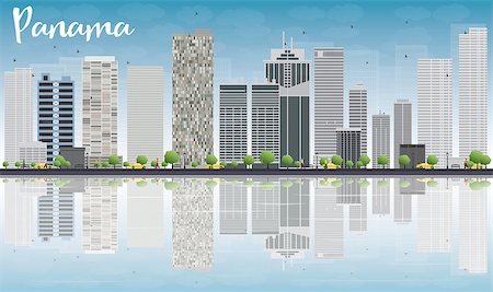 simsearch:400-08294311,k - Panama City skyline with grey skyscrapers, blue sky and reflections. Vector Illustration Foto de stock - Super Valor sin royalties y Suscripción, Código: 400-08341718