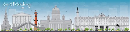 Saint Petersburg skyline with grey landmarks and blue sky. Business travel and tourism concept with historic buildings. Image for presentation, banner, placard and web site. Vector illustration Stock Photo - Budget Royalty-Free & Subscription, Code: 400-08341719