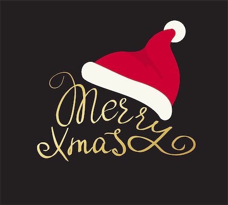 simsearch:400-08408100,k - Merry Christmas golden handmade lettering inscription with swirls Santa red hat isolated on black background. Design for xmas greeting card Fotografie stock - Microstock e Abbonamento, Codice: 400-08341899