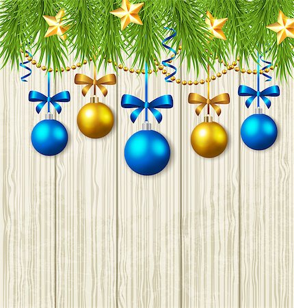 simsearch:400-08813741,k - Wooden Christmas background with green fir branches, stars and blue baubles Photographie de stock - Aubaine LD & Abonnement, Code: 400-08342015