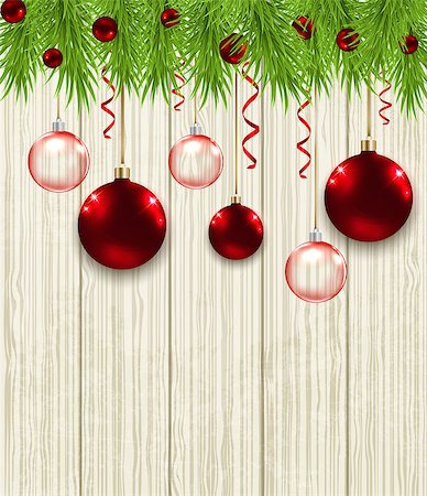 simsearch:400-08813741,k - Wooden Christmas background with green fir branches and red baubles Photographie de stock - Aubaine LD & Abonnement, Code: 400-08342013