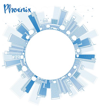 simsearch:400-08294311,k - Outline Phoenix Skyline with Blue Buildings and copy space. Vector Illustration Foto de stock - Super Valor sin royalties y Suscripción, Código: 400-08342460