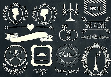 Retro chalk elements and icons set for retro design. Paris style. With ribbon, bow, eiffel tower, border, woman profile, man profile and wedding decor. Vector illustration. Chalkboard background. Stock Photo - Budget Royalty-Free & Subscription, Code: 400-08342555