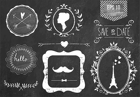 funky old lady - Retro chalk elements and icons set for retro design. Paris style. With ribbon, mustache, bow, eiffel tower, border, woman profile and wedding decor. Vector illustration. Chalkboard background. Stock Photo - Budget Royalty-Free & Subscription, Code: 400-08342553